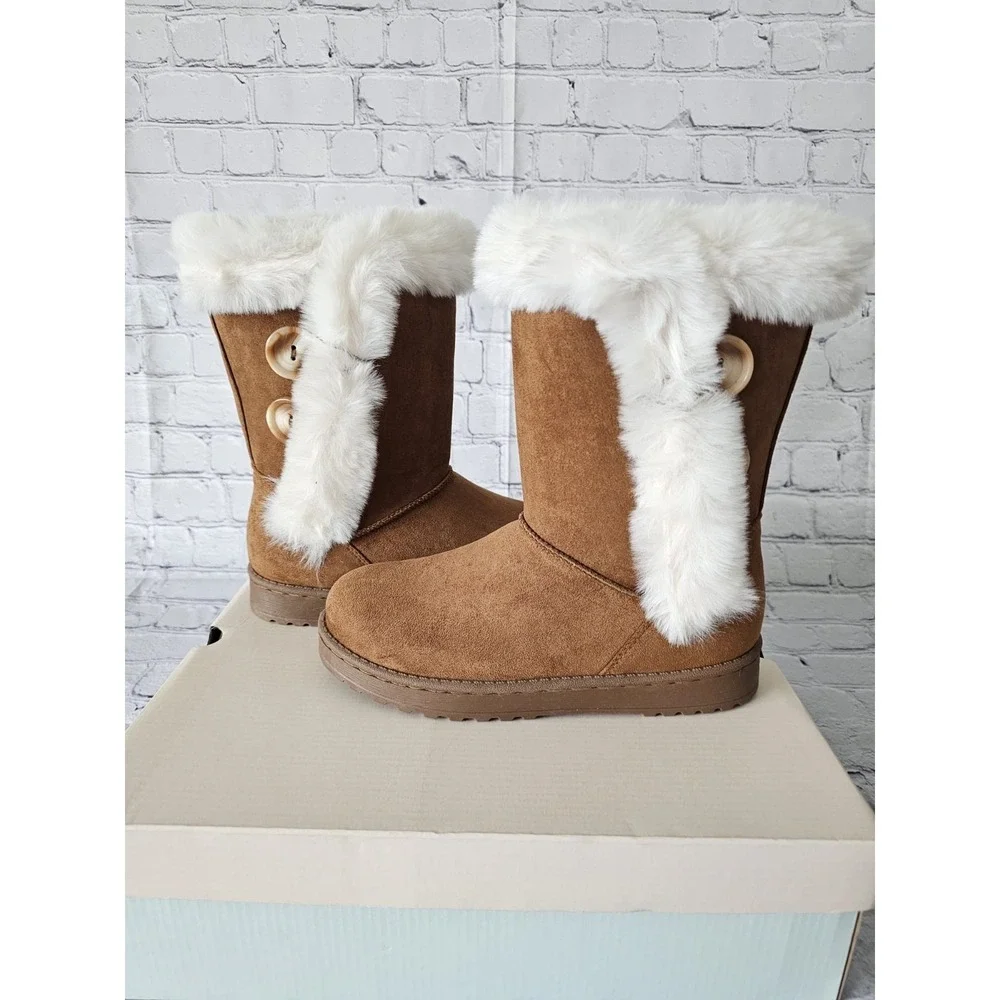 SO Goods For Life Chestnut Faux Suede Fur Trim‎ Winter Boots Women Size 9.5